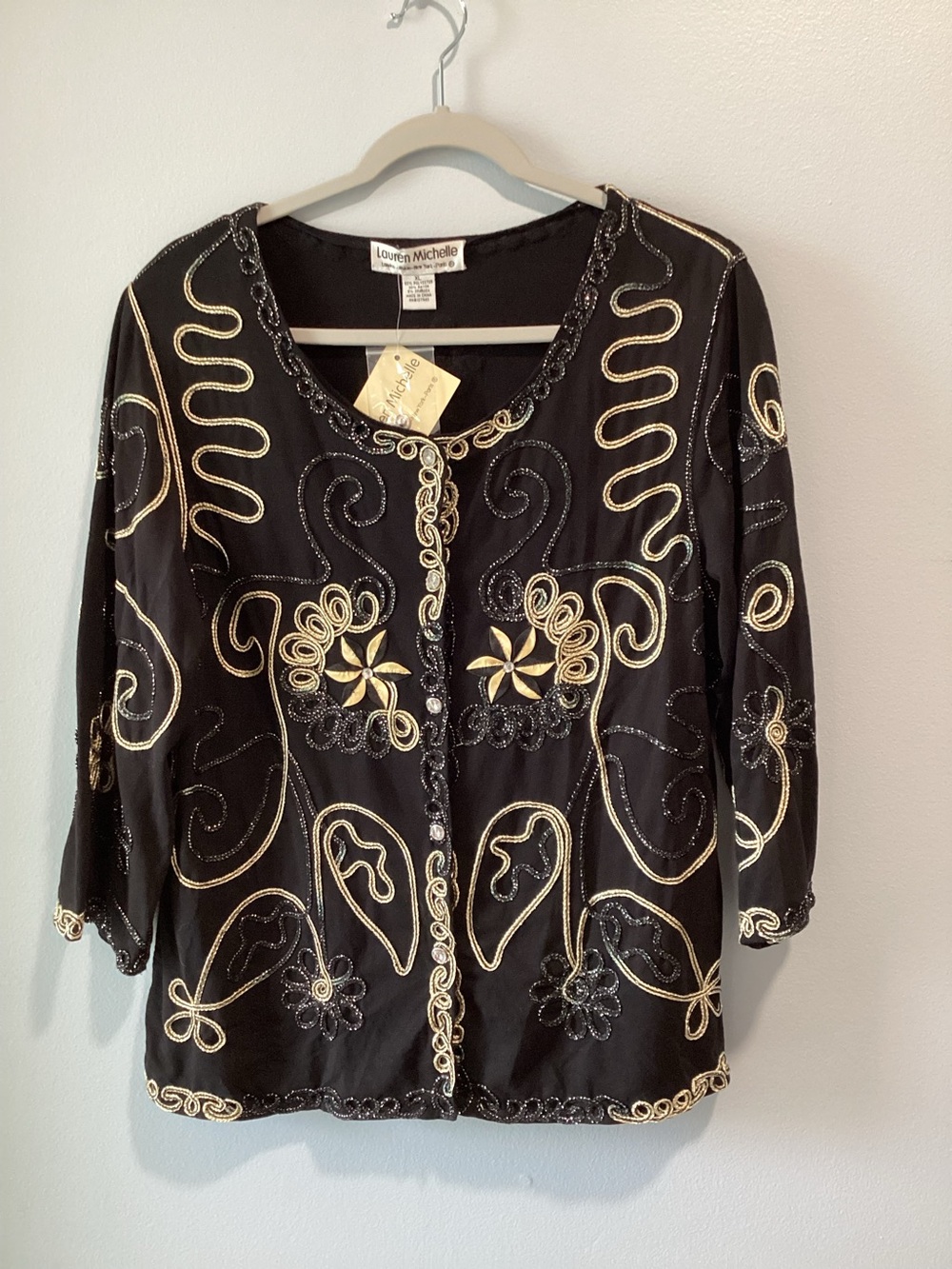 Lauren Michelle Black Embellished Beaded Jacket with Gold Accents
